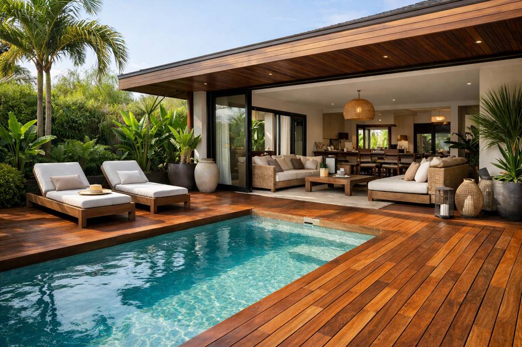 Terrasse piscine en bois exotique : idées d’aménagement pour une continuité dedans dehors
