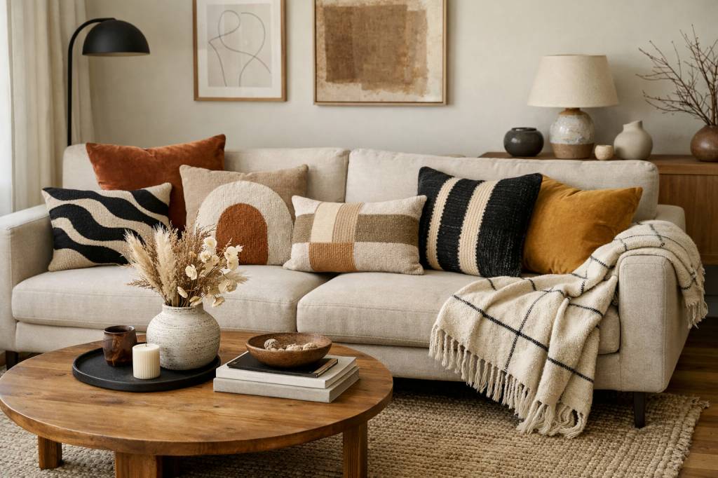 Coups de cœur textiles pour donner du caractère à votre canapé et structurer le salon