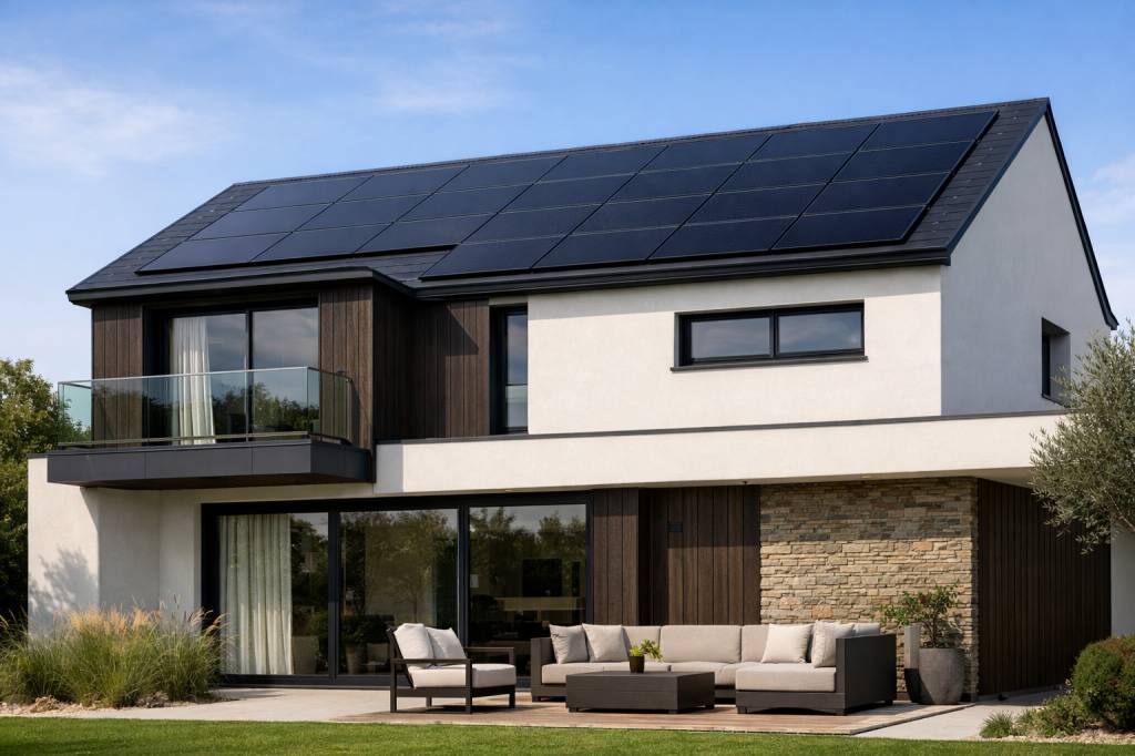 Panneau photovoltaique sur maison contemporaine, attention à l&rsquo;esthétique et à l’intégration dans la façade